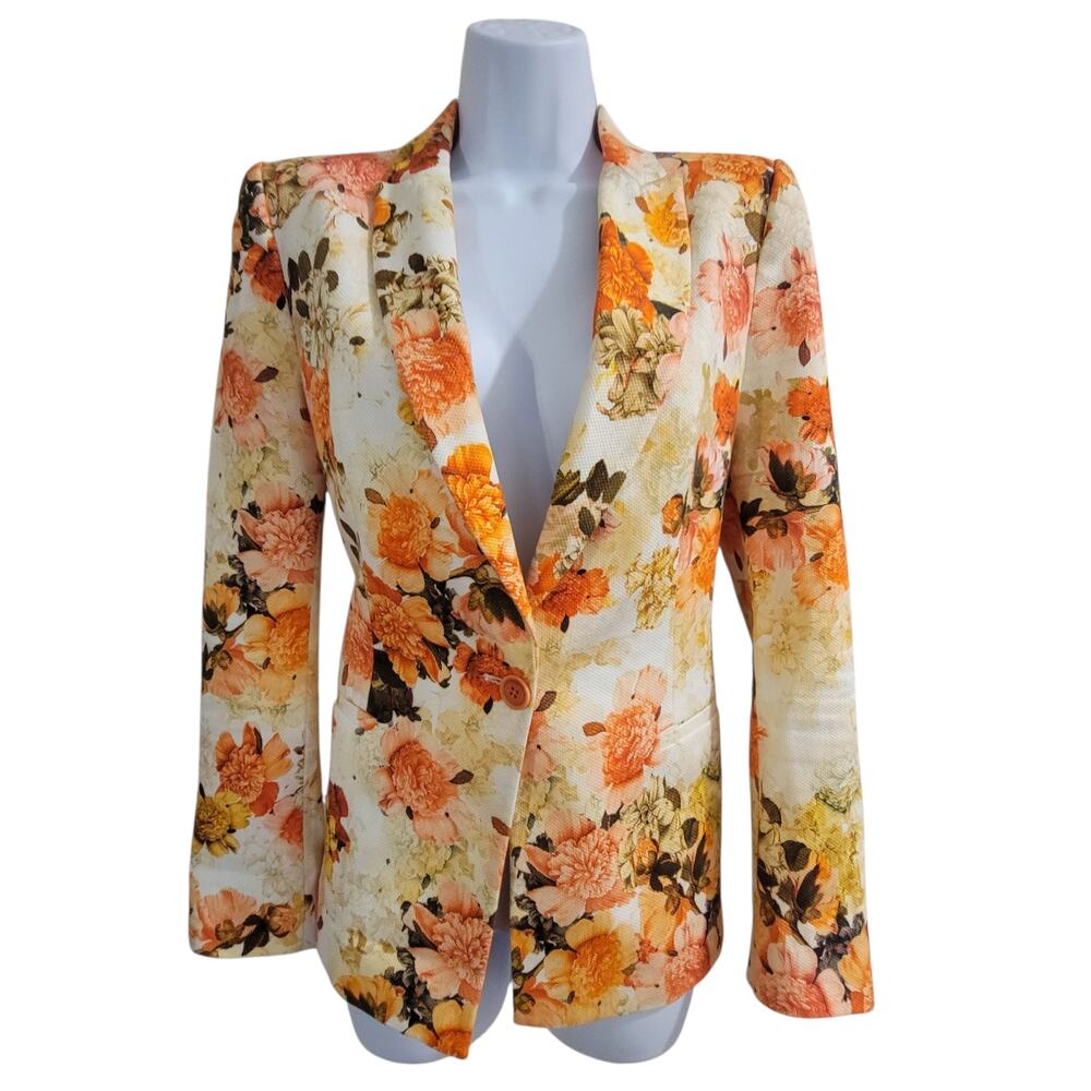 Zara Basic Piqué Floral Blazer Women’s M Orange Floral Cotton Jacket